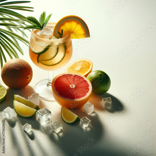 A sunny, fresh image of a cocktail glass surrounded by a variety of sliced citrus fruits and ice cubes on a beige background.. Minimal summer concept. Copy space.  photo