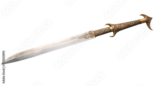 A large knife with a gold handle situated on a pristine white surface