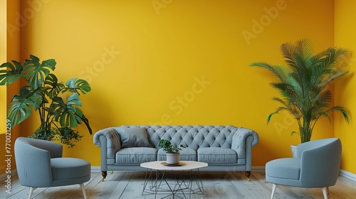 A classic sofa and table dalam ruang tamu modern on a yellow wall. 3d rendering background.