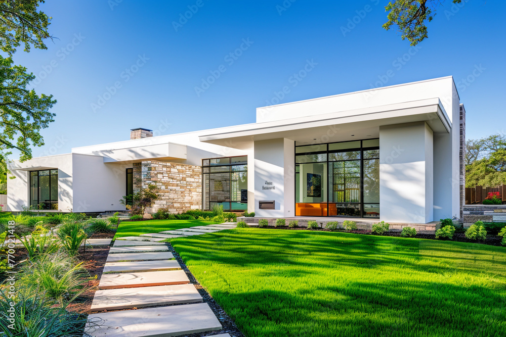 A modern home in bright noon, white walls contrasting with vibrant green grass, brick, and stone details, surrounded by thoughtful landscaping under a clear blue sky.