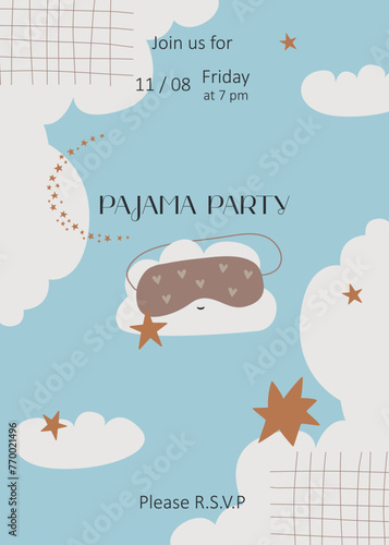Pajama Party invitation card template with sleep mask, stars, clouds. Vector design of invite. 