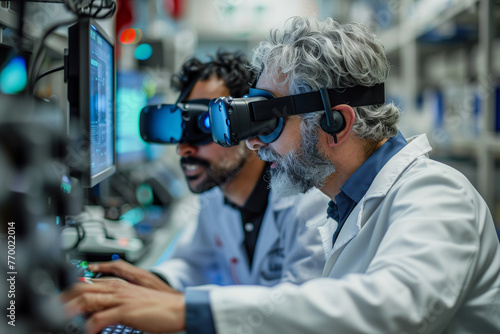 Two Men in White Lab Coats Working on a Computer