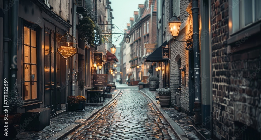 Narrow, cobblestone alleyway in an old city, lined with historic buildings and flickering street lamps, inviting exploration.