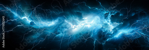 Lightning strike on black banner background. Electric flash light effect. Vector illustration of thunderstorm with blue lightning bolt. 