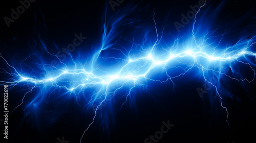 Lightning strike on black background. Electric flash light effect. Vector illustration of thunderstorm with blue lightning bolt. 
