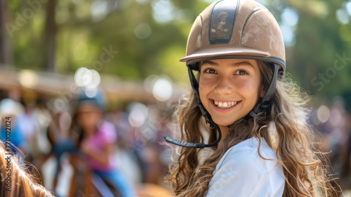 Young Girl Riding Horse With Helmet © olegganko