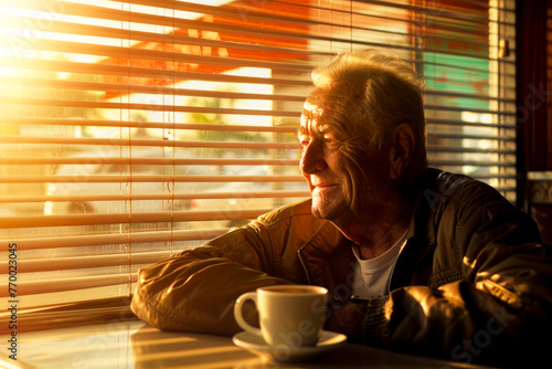 Ederly man with wrinkes and warm smile enjoying his morning coffee at a diner photo