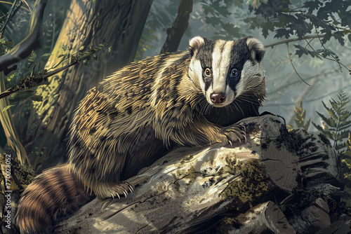 A badger is sitting on a rock in a forest