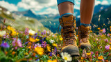 Close-up of slender legs of tourist man in hiking boots, traveler strolling through clearing with colorful wildflowers. There is mountain landscape in background. Sunny weather. Concept of hiking.