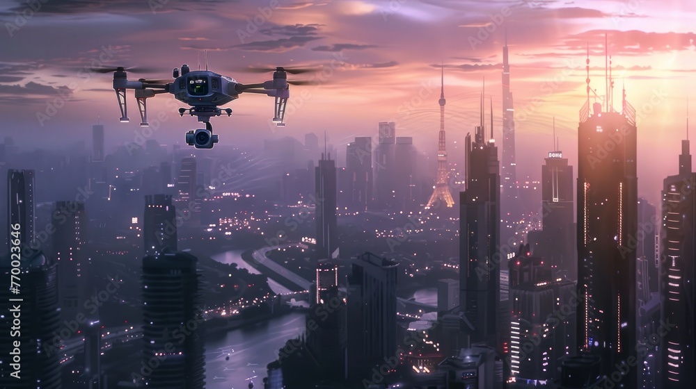 A drone flying over a futuristic cityscape at dusk A drone flying over a futuristic cityscape at dusk