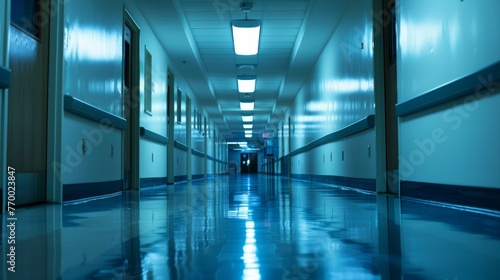A hospital corridor  illuminated and empty at night
