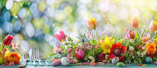Spring flowers and cutlery arranged on a table for Easter, with a holiday backdrop.