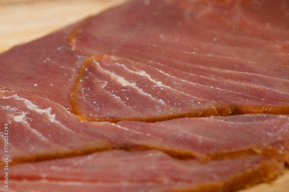 thin slices of Smoked tuna macro food background thin slices of Smoked tuna macro food background