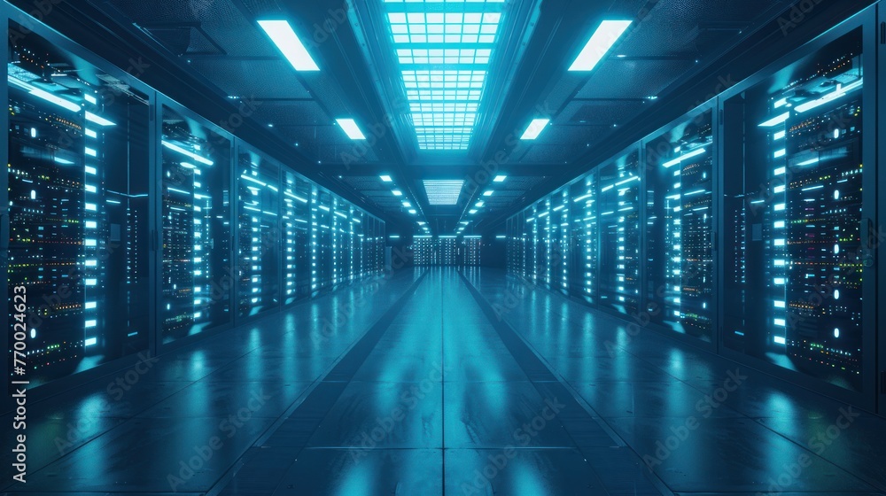A server room with rows of computers and blinking lights - obrazy, fototapety, plakaty 