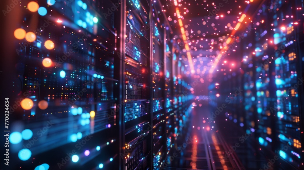 A server room with rows of computers and blinking lights A server room with rows of computers and blinking lights