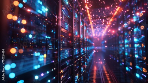A server room with rows of computers and blinking lights