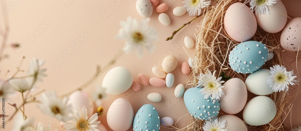 Easter eggs decorated with candy and flowers on a beige background, representing the Happy Easter theme. The display features white and blue eggs alongside a charming candy-filled nest. Easter eggs decorated with candy and flowers on a beige background, representing the Happy Easter theme. The display features white and blue eggs alongside a charming candy-filled nest.