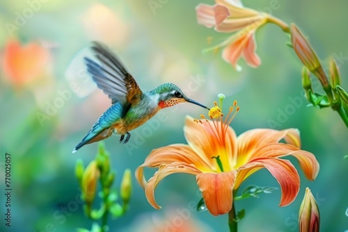 hummingbird feeds on the nectar of languor flowers photo