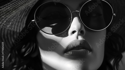 Woman in black sunglasses and hat, black and white fashion photo with dramatic shadows, close-up photo