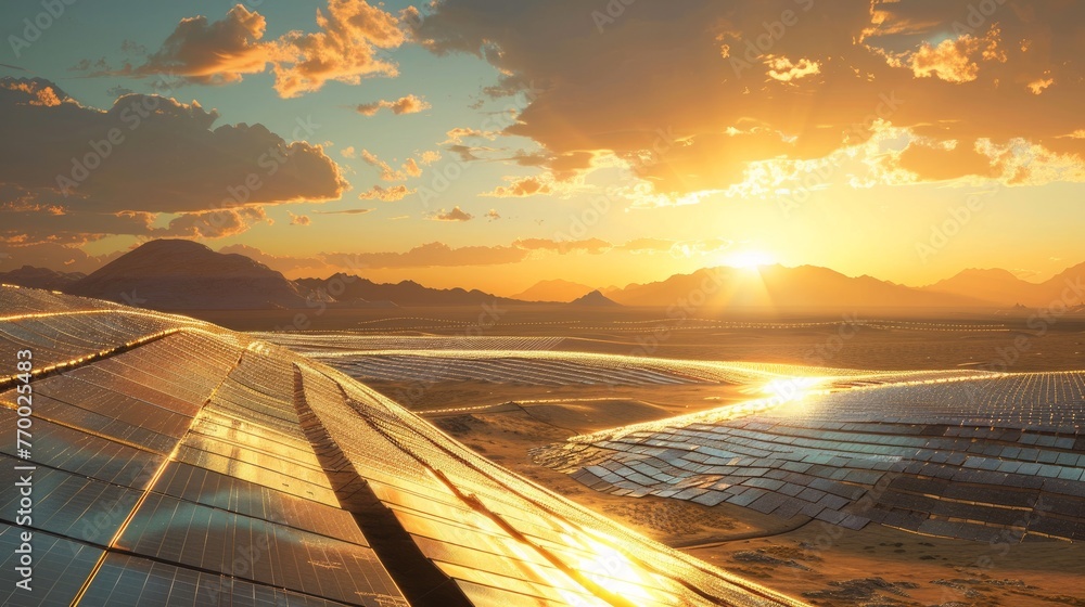 Solar panels covering a desert, glowing with absorbed sunlight Solar panels covering a desert, glowing with absorbed sunlight