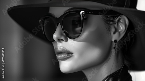 Woman in black sunglasses and hat, black and white fashion photo with dramatic shadows, close-up