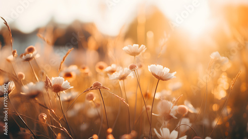 floral field with green grass with a yellow flower background at sunrise sunset