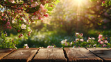 Blossoming Orchard Escape: Rustic Wooden Table with Sunlit Spring Apple Blossoms for Nature-Inspired Backgrounds and Serene Settings