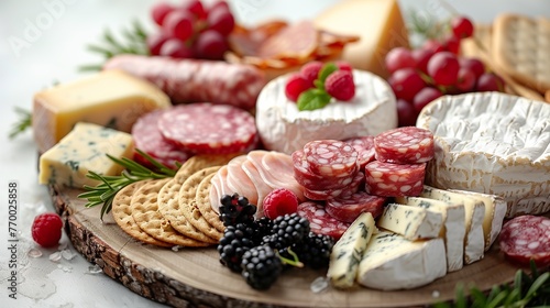 Explore a diverse spread of cheeses, sausages, crackers, and berries arranged enticingly on a platter