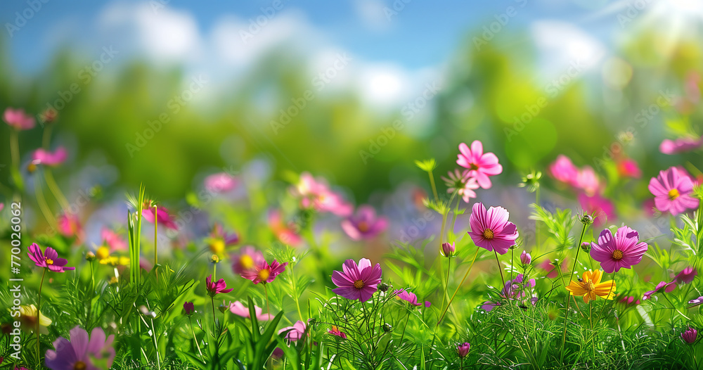 Spring Awakening: Lush Meadow with Vibrant Wildflowers and Dappled Sunlight - Nature's Serenity in Bloom