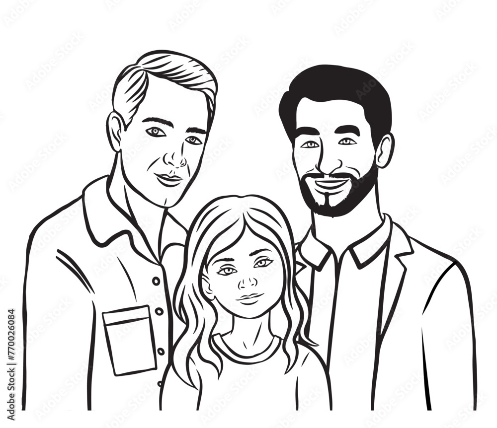 Family containing two fathers and a smart adopted daughter. Family portrait style illustration. isotated on transparent background. Family containing two fathers and a smart adopted daughter. Family portrait style illustration. isotated on transparent background.
