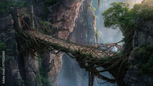 A bridge spanning between two cliffs, made of intertwined vines