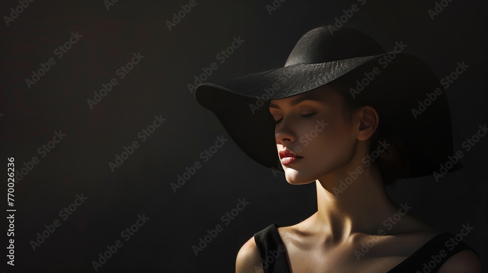 Beautiful young mysterious girl in a black hat. The eyes are covered by a hat. Fashion, beauty. Retro fashion Beautiful young mysterious girl in a black hat. The eyes are covered by a hat. Fashion, beauty. Retro fashion