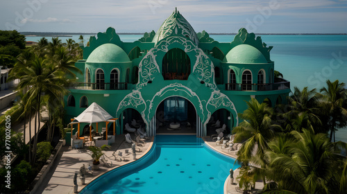 exterior view of the most beautiful and unique teal gothic mansion on a tropical island with an emerald green pool, the structure is symmetrical with lots of arches and ornate details