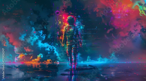 A pixelated computer glitch-shaped figure walking in space, painted with vibrant phosphorus neon colors