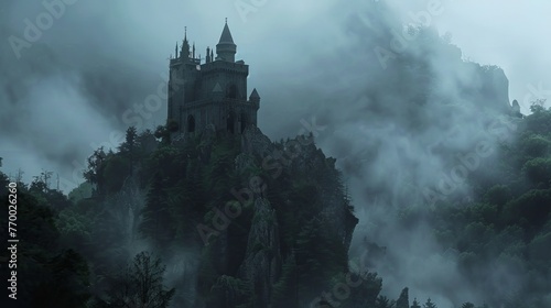 A castle tower peeking above a thick, misty forest