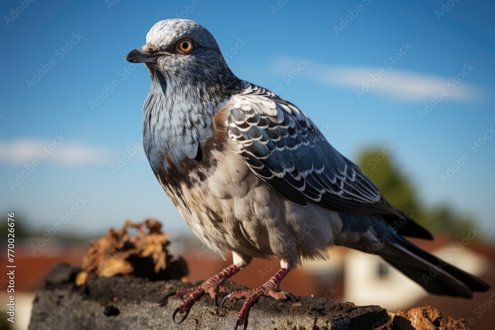 Fototapeta premium Beautiful Pigeon or dove sitting stone blurred background Generative AI