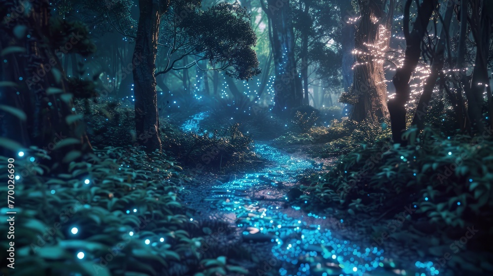 A deep forest with bioluminescent plants and pathways A deep forest with bioluminescent plants and pathways