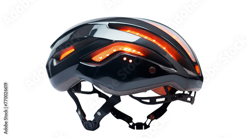 A helmet with a side light glowing in the dark