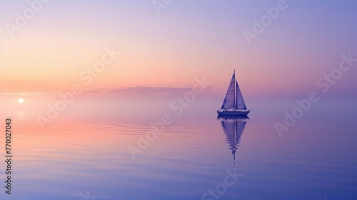 A lone sailboat on a calm, mirror-like ocean at dawn