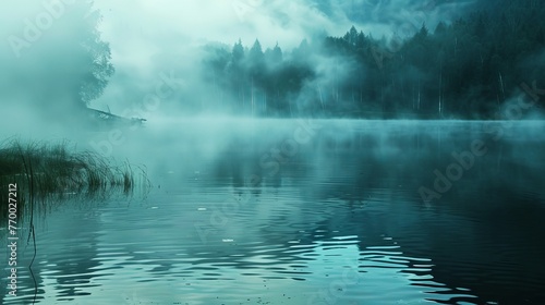 A mysterious, fog-covered lake in the early morning