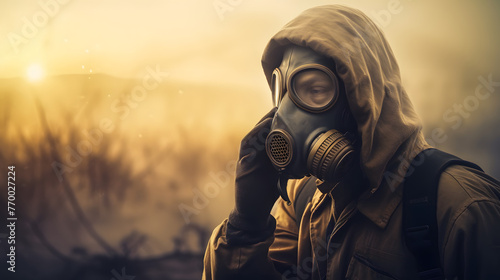 man in gas mask being shot in photoshop