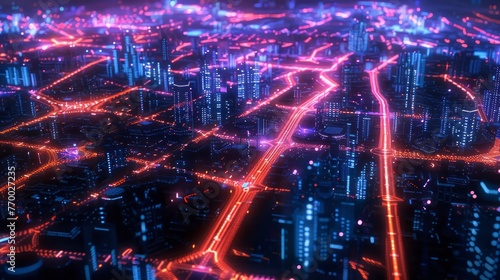 A network of futuristic city streets lit by neon lights at night