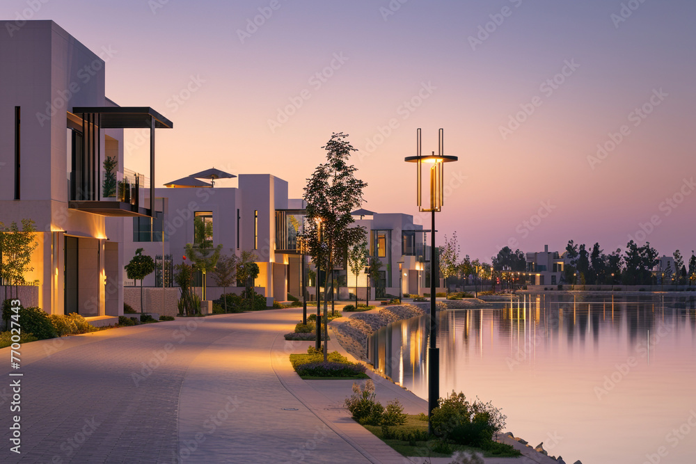 A tranquil twilight over a luxury housing estate with modern villas softly illuminated by street lamps. /