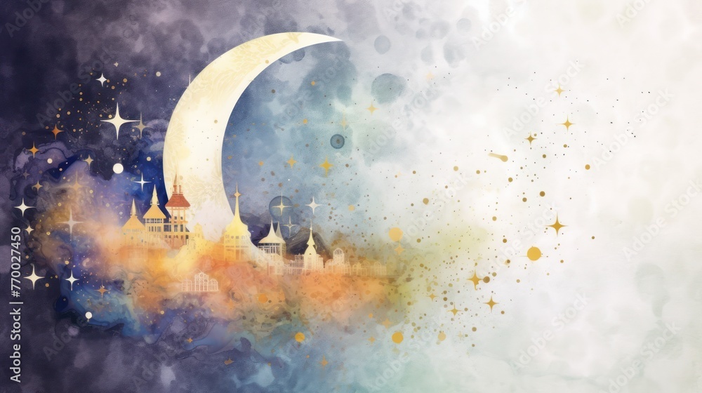 Naklejka premium Ramadan Kareem - Moon On Shiny Glitter With Abstract Defocused Lights