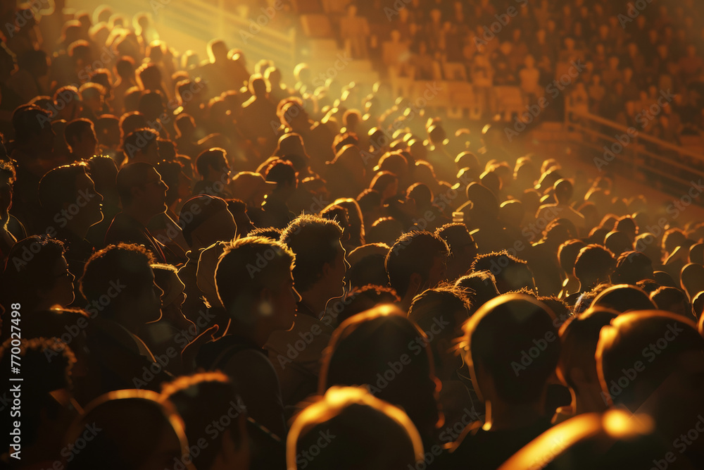 Obraz premium A crowd of people are sitting in a stadium, watching a game