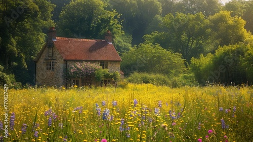 A quaint cottage surrounded by a wildflower meadow