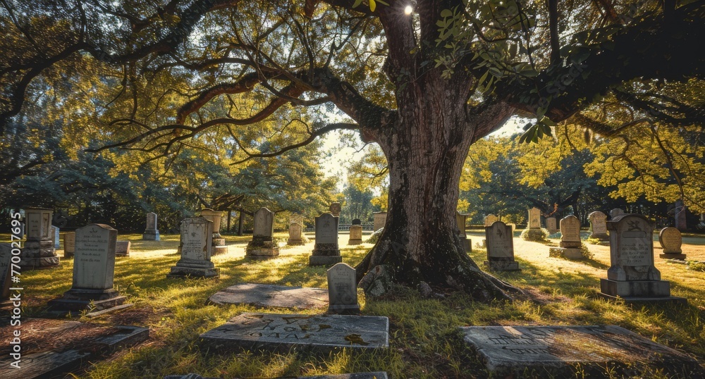 Quiet rural cemetery with ancient tombstones, overshadowed by a large, gnarled tree, evoking a sense of history and peace.