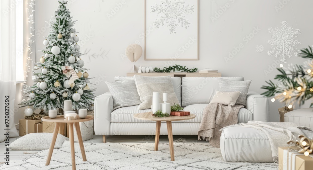 White Christmas themed living room with sofa, white carpet and wooden coffee table decorators, white walls, Christmas tree in the corner. Winter atmosphere