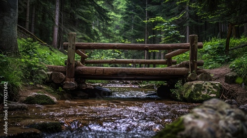 A rustic wooden bridge over a babbling brook photo