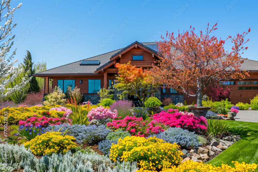 A vibrant custom home displays a colorful seasonal front garden under a clear spring sky.